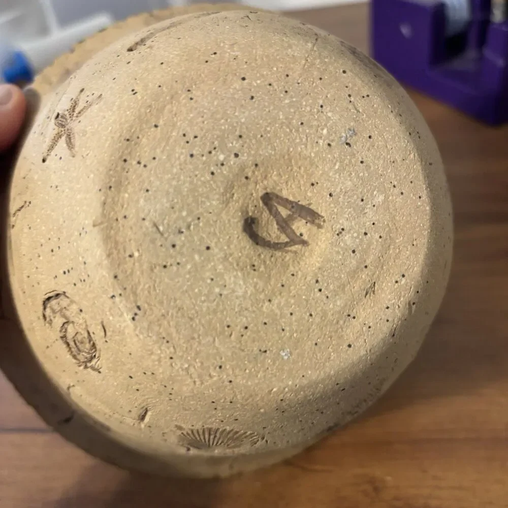 Handmade Artisan Hand Stamped Pottery Nautical Coastal Sea Creature Bowl Teal